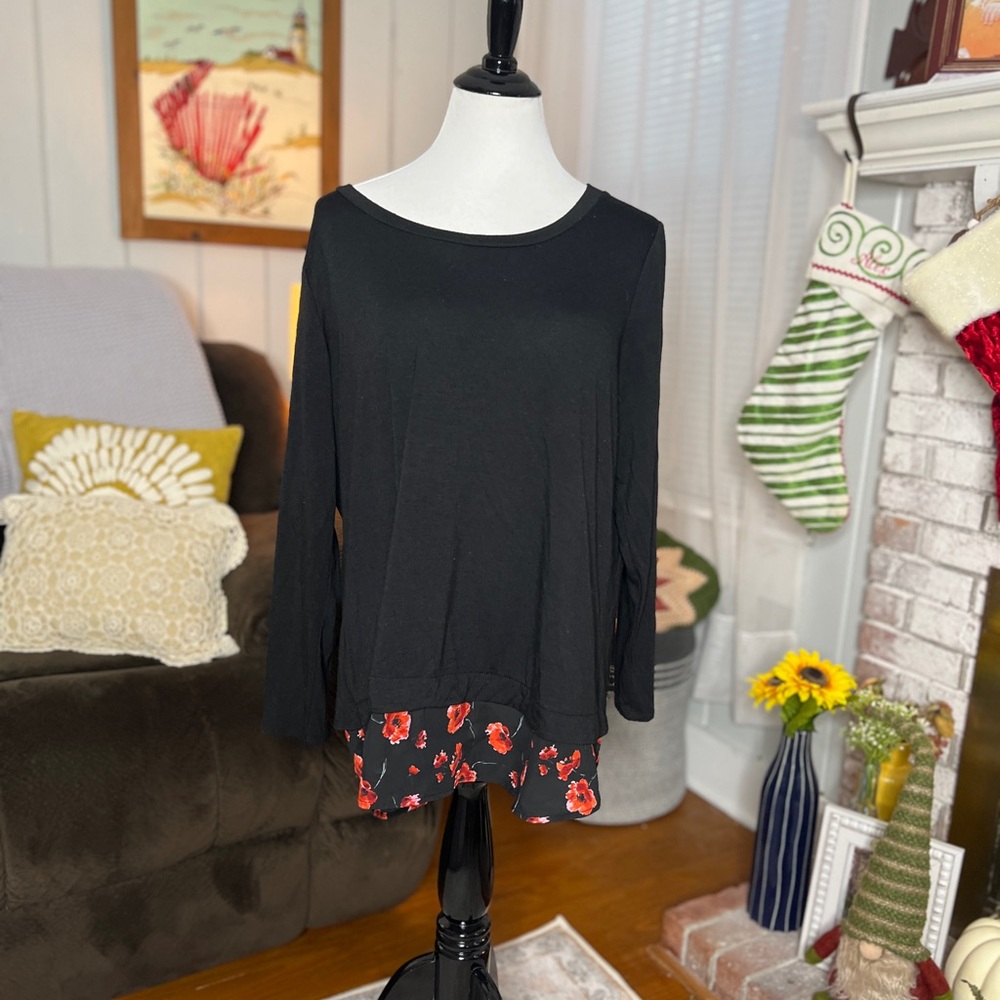 Kate & Mallory Black Long Sleeve Top with Red Floral Design